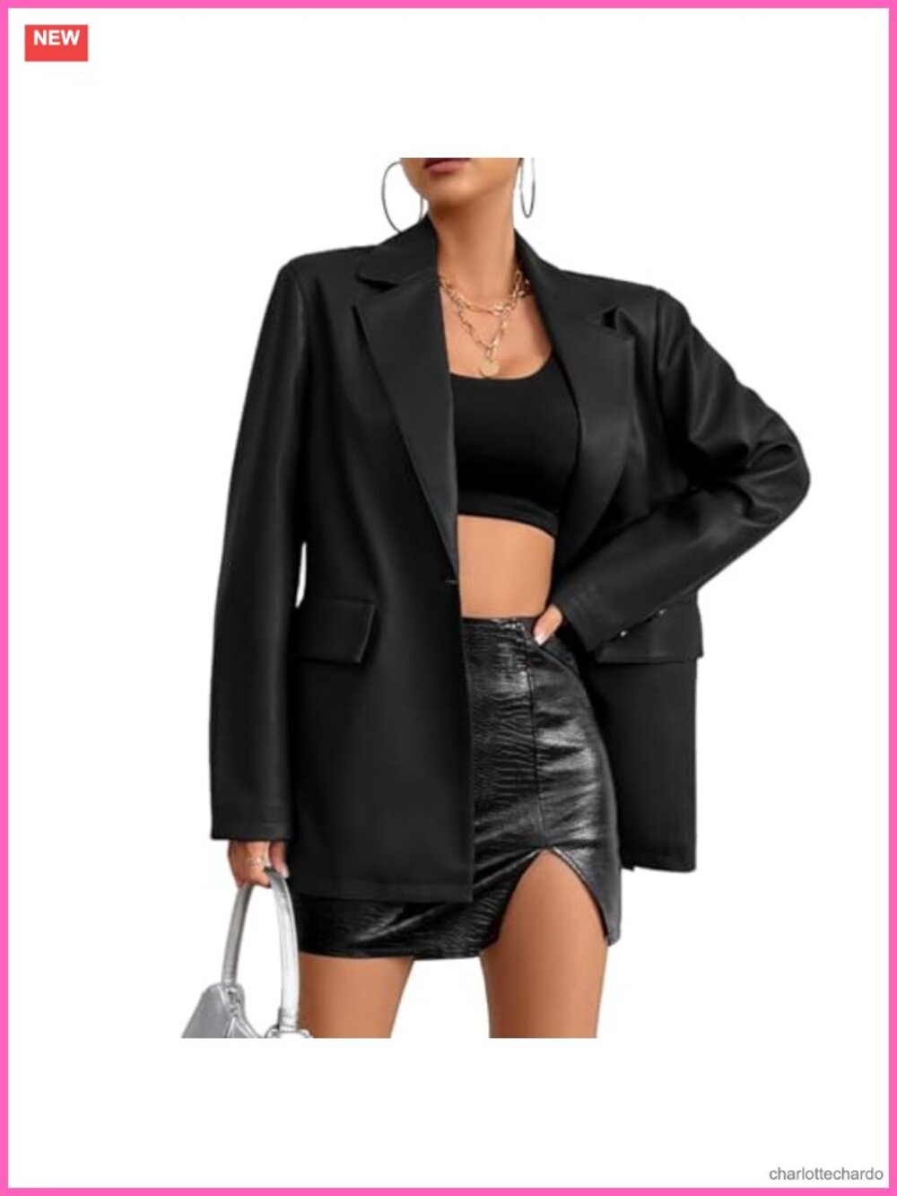 Women's Faux Leather Blazer Moto Biker Jacket Button Front Notch Lapel Slim Fit